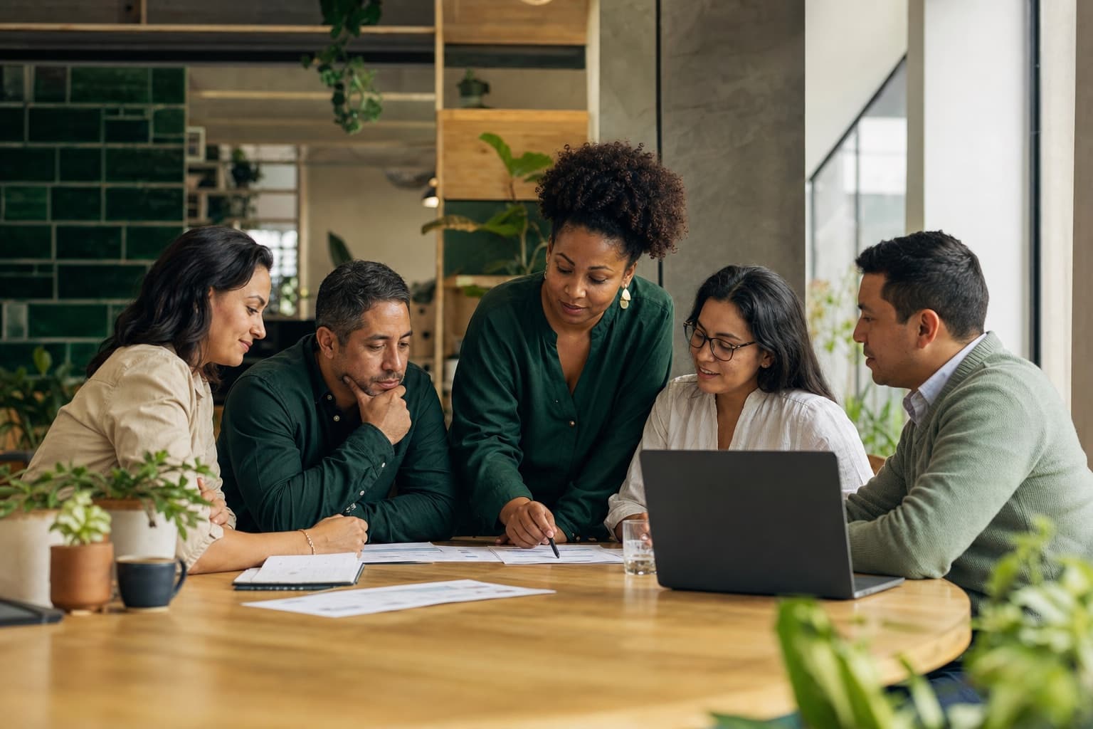 Equipo colombiano colaborando alrededor de una mesa de trabajo